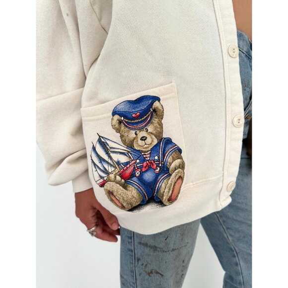 90s vintage nautical sailboat teddy bear graphic button up sweatshirt cardigan - Picture 7 of 9